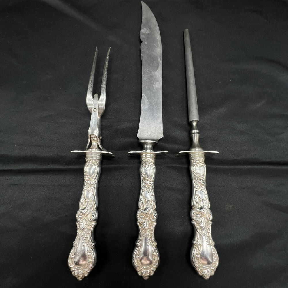 VTG 1835 R Wallace Silver Plate 3 Pcs Carving Set Knife Fork Steel Ornate Floral